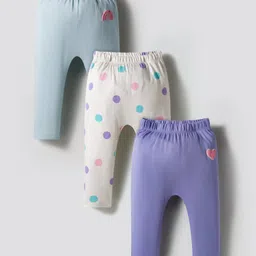 Bonfino 100% Cotton Knit Full Length Diaper Leggings with Polka Dots & Heart Print Pack of 3 - White Lavender & Light Blue-picture-28