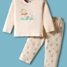 Tango Single Jersey Knit Full Sleeves Night Suit with Bear Print - Peach-picture-21