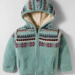 Yellow Apple Knitted Full Sleeves Hooded Front Open Sweater With Floral Design - Mint-picture-17
