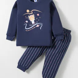 Teddy Interlock Knit Full Sleeves Night Suit With Bear Print - Navy Blue-picture-25