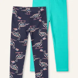 Ariel Cotton Knit Pack Of 2 Solid & Dinosaurs Printed Leggings - Turquoise & Navy Blue-picture-21