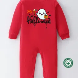 BLUSHES 100% Cotton Knit Halloween Theme Full Sleeves My 1st Halloween Text Printed Romper - Red-picture-14