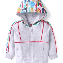 Babyhug Terry Knit Full Sleeves Hooded Sweatjacket T-Shirt & Lounge Pant Set with Text Print - Red Grey & Navy Blue image 2