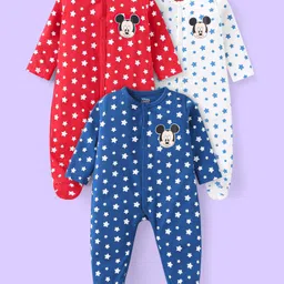 Babyhug Disney Interlock Knit Full Sleeves Sleep Suit with Star Print & Mickey Mouse Graphics Pack of 3 - Red Blue & White image 5