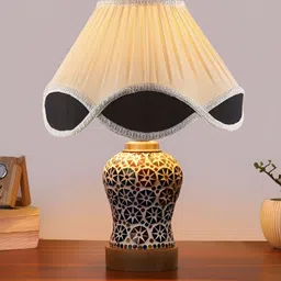 Devansh White & Blue Floral Printed Frustum Shaped Wooden Table Lamp image 3