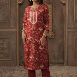 Indo Era Floral Printed Round Neck Straight Kurta With Trousers & Dupatta image 5