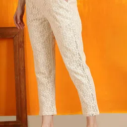 W Women Off-White Cotton Regular Fit Lace Trouser Pants image 3