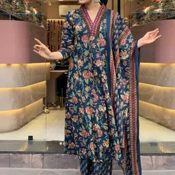 KALINI Women Floral Printed Panelled Thread Work Kurta with Trousers & With Dupatta image 3