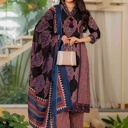 Pistaa Women Ethnic Motifs Printed Regular Pure Cotton Kurta with Trousers & With Dupatta image 4