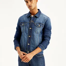 levi's Men's Solid Navy Spread Collar Trucker Denim Jacket image 2