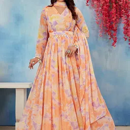 Chandbaali Women Abstract Printed A-Line Maxi Ethnic Dresses & Dupatta With Belt-picture-42