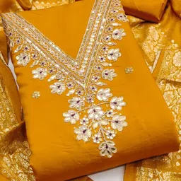 kalini Yellow Roman Silk Codding Work Unstitched Dress Material image 2