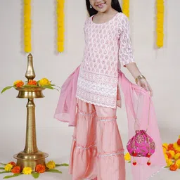 KiddoPanti Girls Ethnic Motifs Printed Straight Kurta with Sharara & Dupatta-picture-52