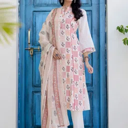 HERE&NOW Women Ethnic Motifs Printed Regular Pure Cotton Kurta with Trousers & With Dupatta image 4