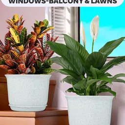 Kuber Industries 6Pcs White & Green Textured Planters With Plate image 3