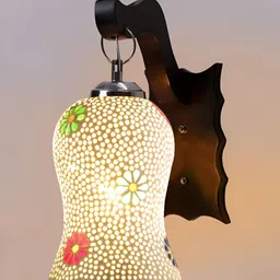 Devansh Brown & White Mosaic Textured Wooden Traditional Bell Wall Lamp image 5