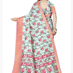 SSHAGUN LIFESTYLE White & Pink Embellished Printed Floral Print Bollywood Cotton Silk Saree image 3