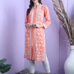 FIIZA Women Peach Lucknow Chikankari Machine Embroidery Rayon Kurti-picture-12