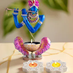 Golden Peacock Blue & Pink 3 Pieces Krishna Candle Holders-picture-40