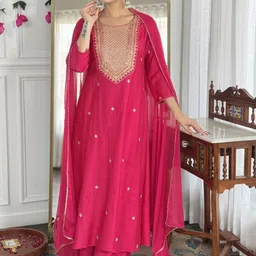 GoSriKi Ethnic Motifs Embroidered Round Neck Straight Kurta With Palazzos & Dupatta-picture-14