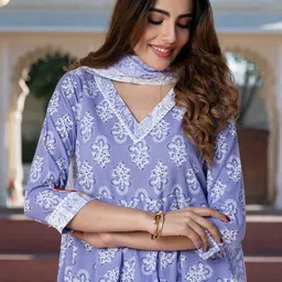 KALINI Floral Printed V-Neck Pure Cotton Kurta With Trousers And Dupatta image 5