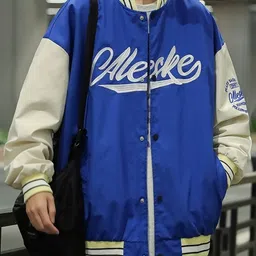 KPOP Men Typography Colourblocked Varsity Jacket with Embroidered image 1