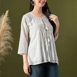 Label Aja Chikankari Ethnic Motifs Embroidered Thread Work Pure Cotton Thread Work Angrakha Kurti image 2