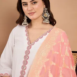 SAHASIKA Floral Yoke Design V-Neck Sequinned Straight Kurta With Trousers & Dupatta image 2