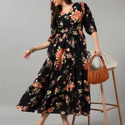Krunal Raiyani Women Floral Printed V-Neck Smocked Tiered A-Line Midi Dress-image-14