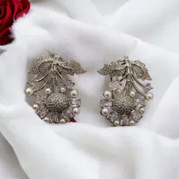 RinGold Rhodium Plated AD Studded And Beaded Floral Shaped Drop Earrings image 1