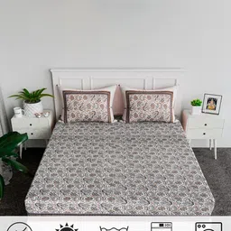 RUBOXA White & Brown Floral 144 TC King Bedsheet with 2 Pillow Covers image 5