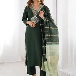 KALINI Ethnic Motifs Embroidered Thread Work Straight Kurta with Trouser & Dupatta-picture-39