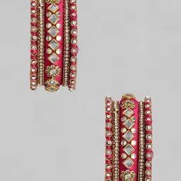 Peora Set Of 10 Pink Gold-Plated Stone Studded Silk Thread Bangles image 2