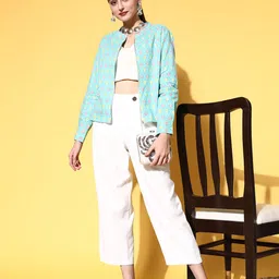 HERE&NOW Women Turquoise Blue & Pink Printed Pure Cotton Tailored Ethnic Jacket-picture-27