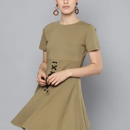 STREET 9 Women Olive Green Solid Fit & Flare Dress-picture-40