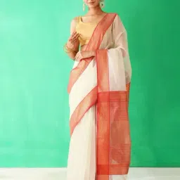 Jaypore Natural White Cotton Silk Woven Maheshwari Saree-image-9