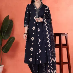 Shangri LA MS Designs Ikat Printed V-Neck Cotton A-Line Kurta With Palazzo & Dupatta-picture-14