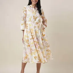 Fabindia Off-White Cotton Printed A-Line Dress With Slip-image-37