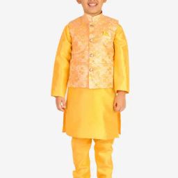Pro-Ethic Style Developer Kids Yellow & Gold Floral Print Full Sleeves Kurta, Pyjamas with Waistcoat-picture-7