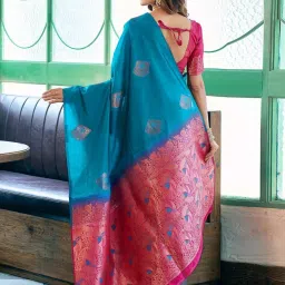 Satrani Blue & Dark Pink Woven Saree With Unstitched Blouse image 4