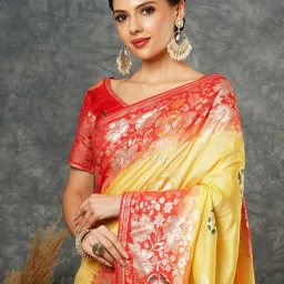 Satrani Yellow & Red Cotton Silk Woven Saree With Unstitched Blouse image 4