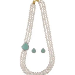 Sri Jagdamba Pearls Jabala 3 Line Green & White Pearl CZ Necklace Set-picture-28