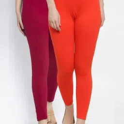Gracit Orange & Maroon Mid Rise Leggings - Pack Of 2-image-37