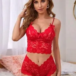 AROUSY Red Self Pattern Bra Panty Set image 2