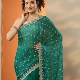 Libas Green Embroidered Saree With Unstitched Blouse image 5