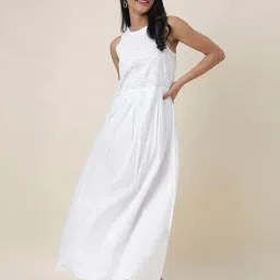 Fabindia White Cotton Embroidered Maxi Dress-image-6