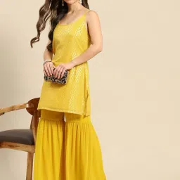 Mabish Yellow Woven Pattern Kurti Sharara Set image 4