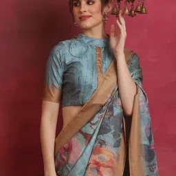 Saree Mall Blue Printed Sarees With Unstitched Blouse image 4