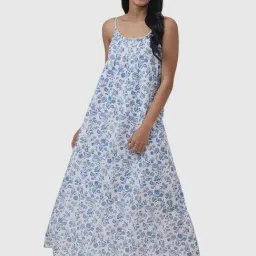 Fabindia White & Blue Cotton Floral Print Maxi Dress-picture-25