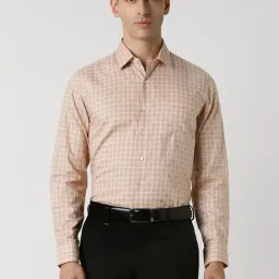 Van Heusen Beige Cotton Slim Fit Checks Shirt-image-91
